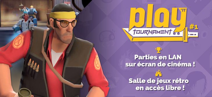 Affiche Play'it Tournament : Parties en LAN sur écran de cinéma et salle de jeux rétro