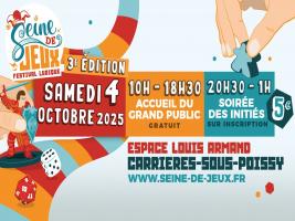 Le festival Seine de Jeux investit l'Espace Louis-Armand de Carrières-sous-Poissy les 4 et 5 octobre 2025 avec de multiples activités autour des jeux et de l'imaginaire.