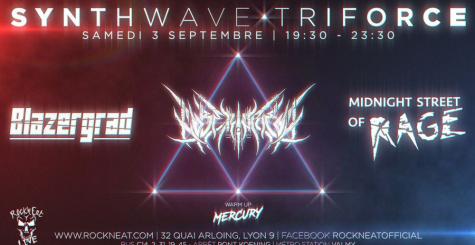 Envie de synthwave ? Evidemment! De Metal ? Tiens, pourquoi pas... De la Darksynth ? Allez d'accord! Rendez vous le Samedi 03 Septembre 2022, au Rock n'eat, pour la soirée TriForce Synthwave-Metal avec Blazergrad, Midnight Street of Rage, CyberPriest