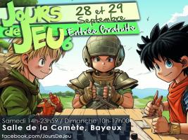 Les Jours de Jeu 2024, c’est un festival qui réunira tous les aspects du jeu du 28 au 29 septembre 2024 ! Organisé par les associations bayeusaines qui proposeront : Jeu de société, jeu de rôle et jeux vidéo.