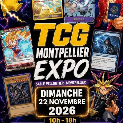 Montpellier TCG Expo réunit collectionneurs et joueurs de cartes le 22 novembre 2026 à la salle Pelloutier, autour de Pokémon, Magic, Yu-Gi-Oh! et autres.